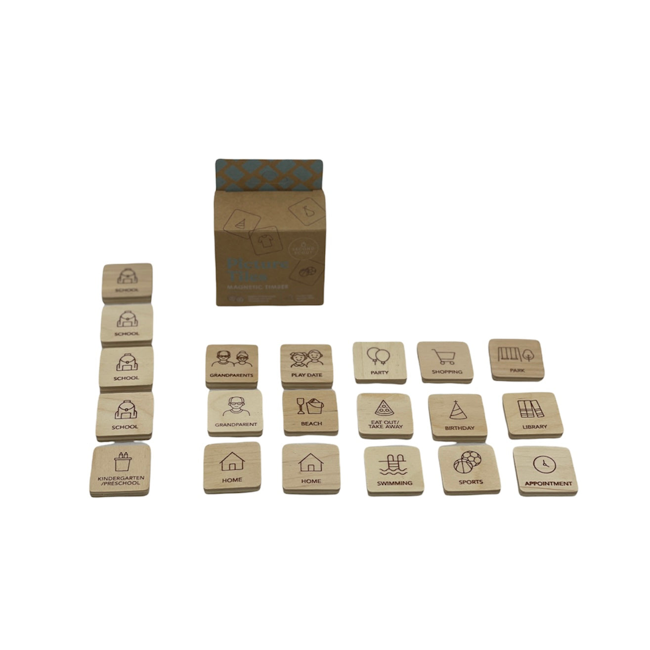 Second Scout Picture Tiles - Starter Pack with wooden magnetic tiles laid out in front front of packaging box on white background