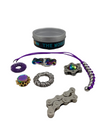 the purple Kaiko The Works Fidget Kit on display with all fidgets in front of tin