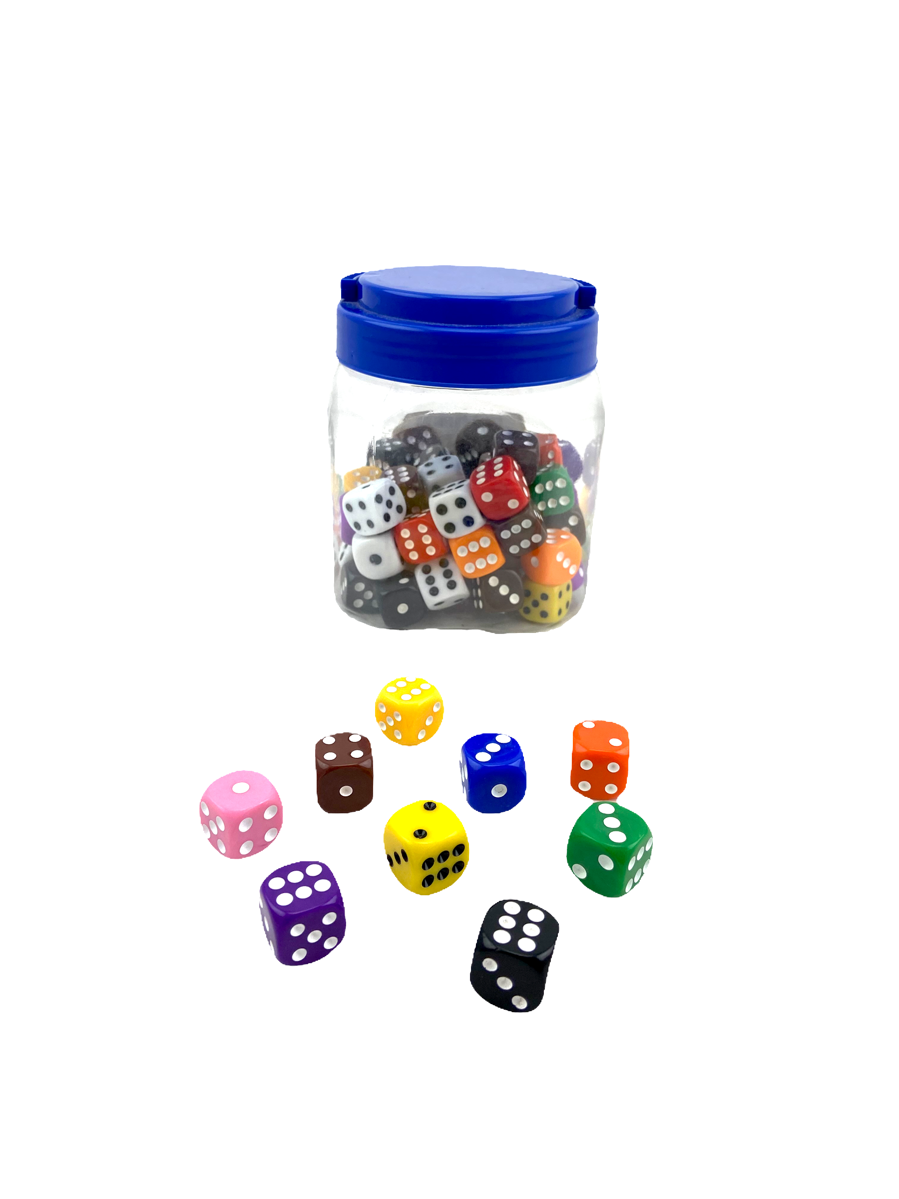 Container full of multicoloured Dot Dice Large 22mm with a selection of dice laid out in front on white background