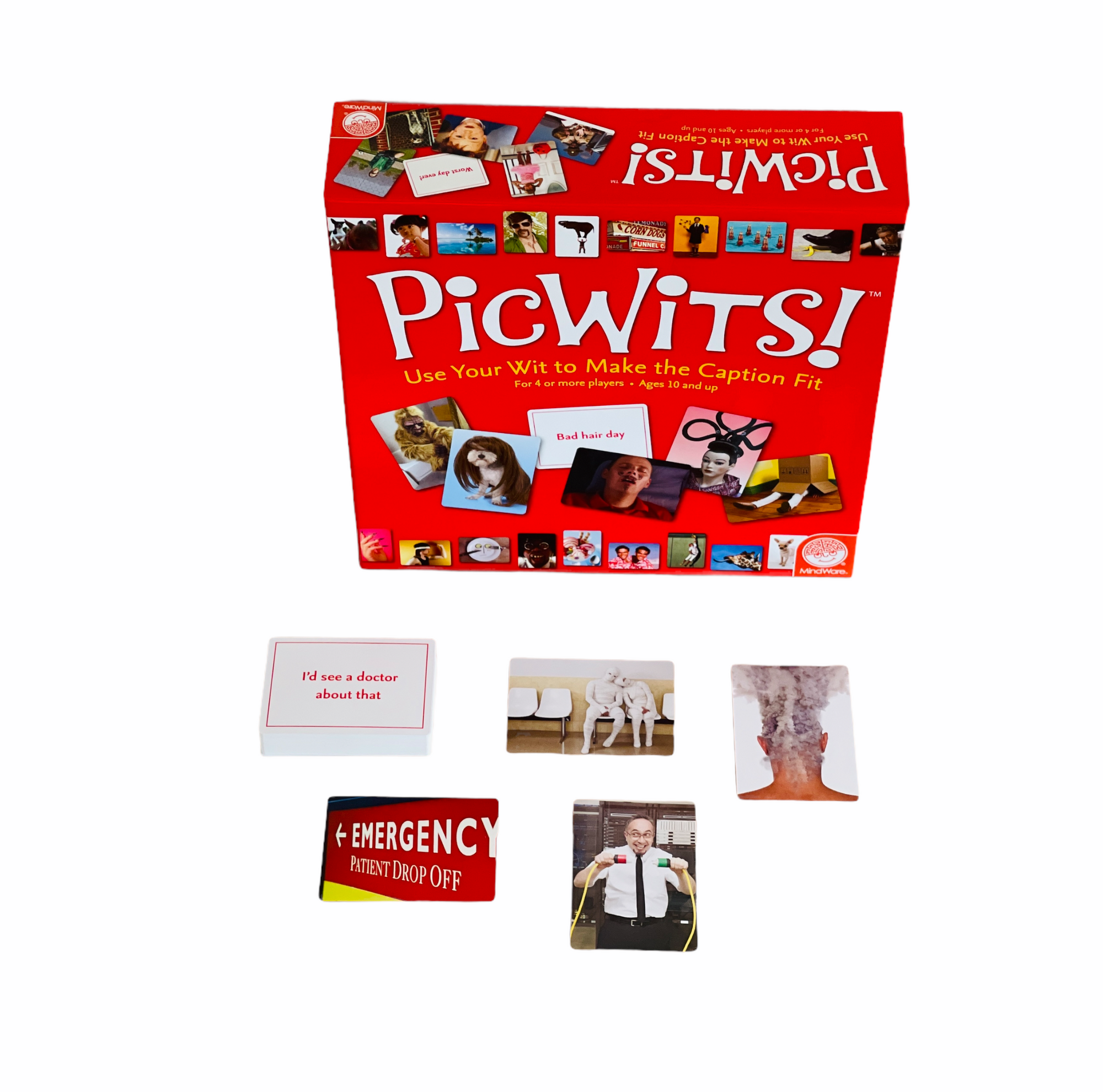 PicWits Game red packaging box with game picture cards laid out in front placed on a white background