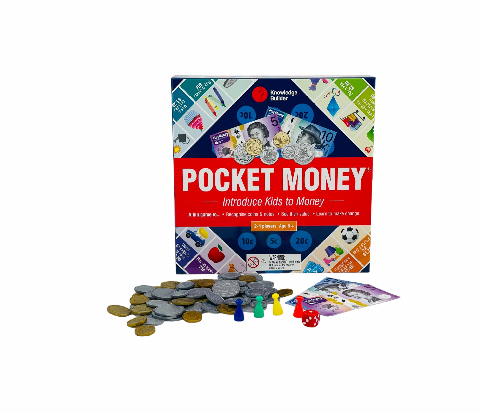Knowledge Builder Pocket Money Game with coins, playing piecss, and notes displayed in front of box