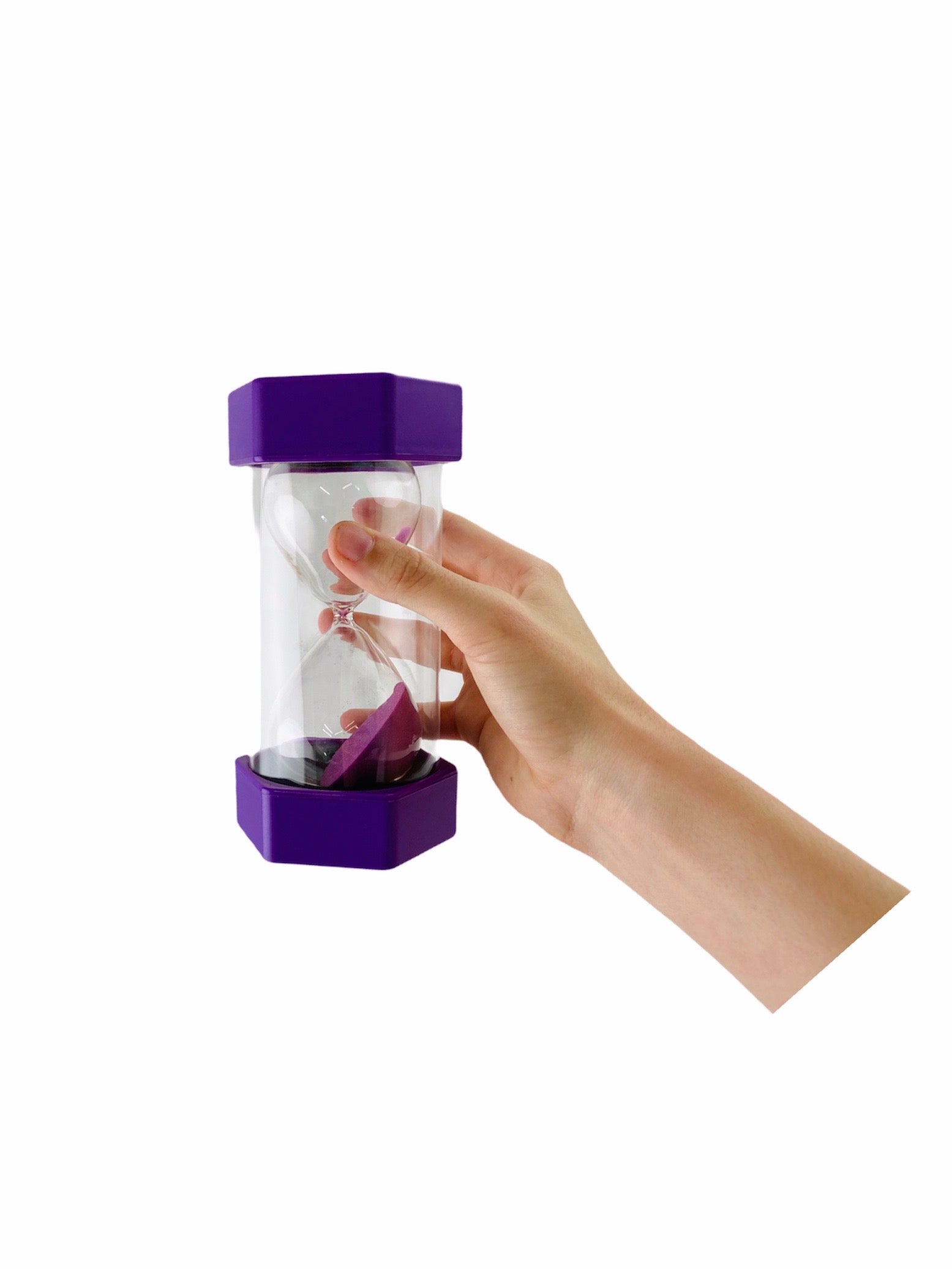 Hand holding Giant Purple 15 minute Sand Timer