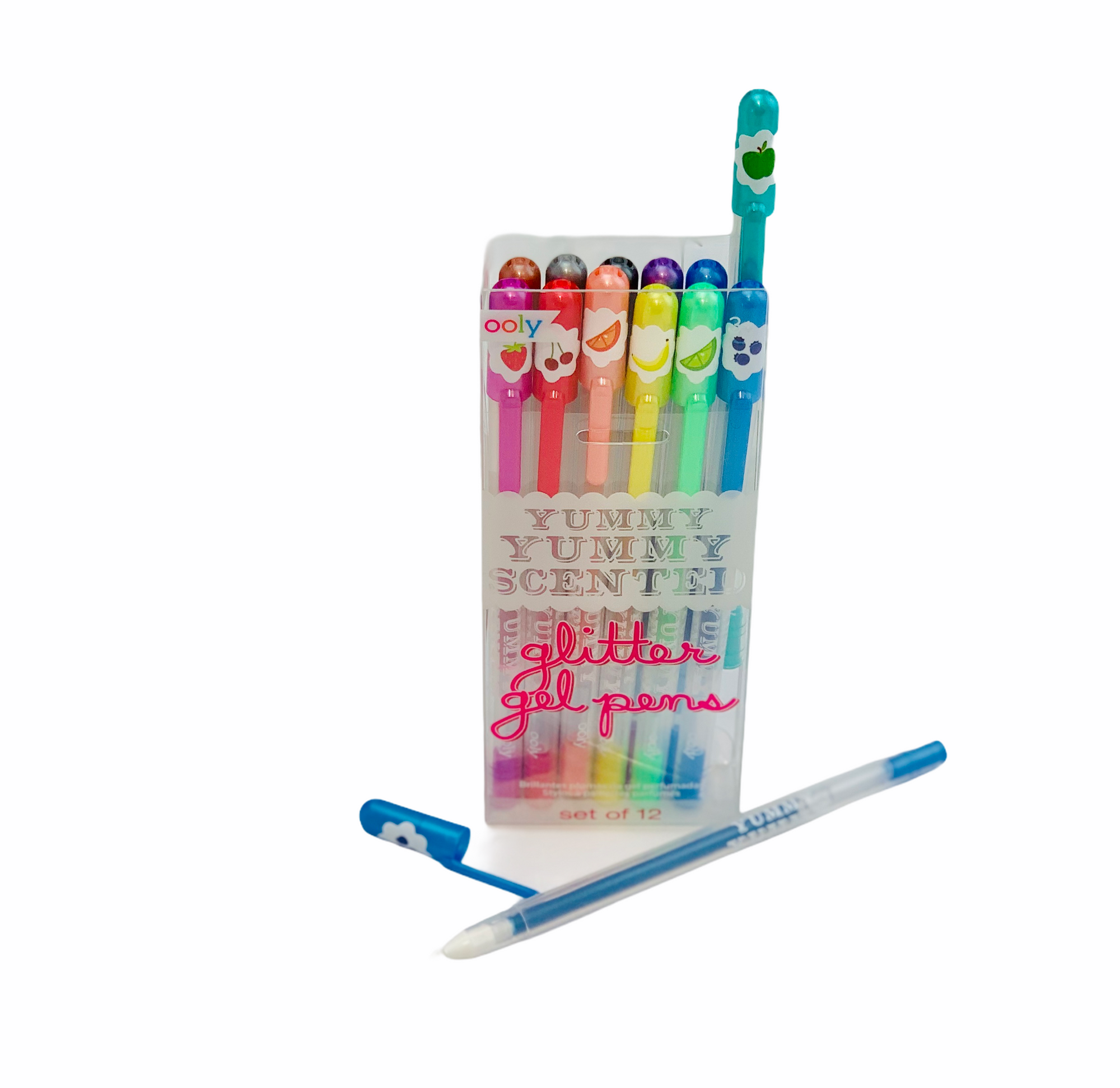 Scented Glitter Gel Pens with blue pen outside of box
