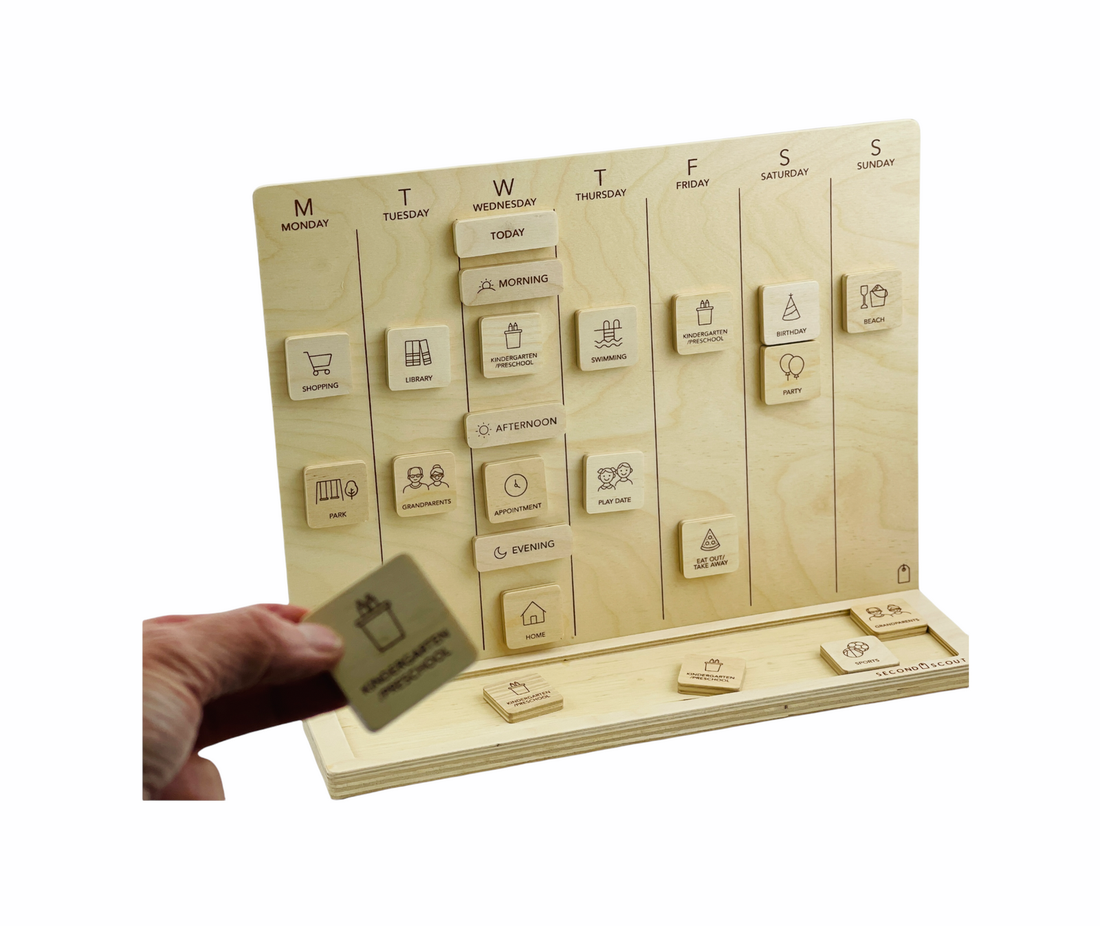 Second Scout Little Agenda Set with wooden board and picture tiles with hand placing a tile onto the board