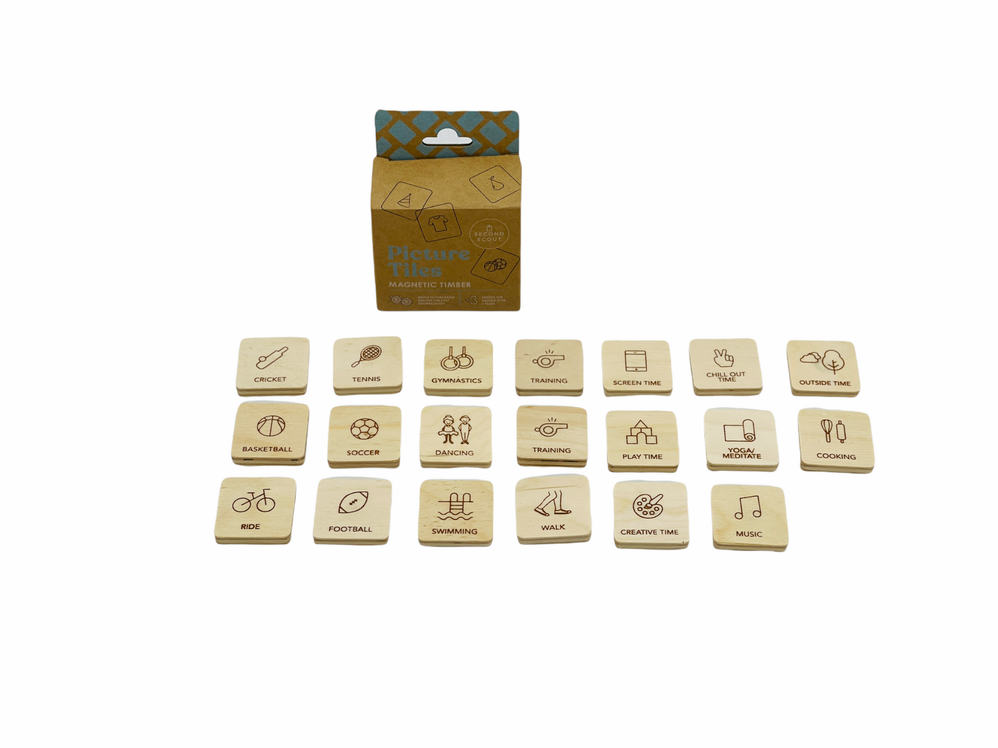 Second Scout Picture Tiles - Activities with wooden tiles laid out in front of packaging box on white background