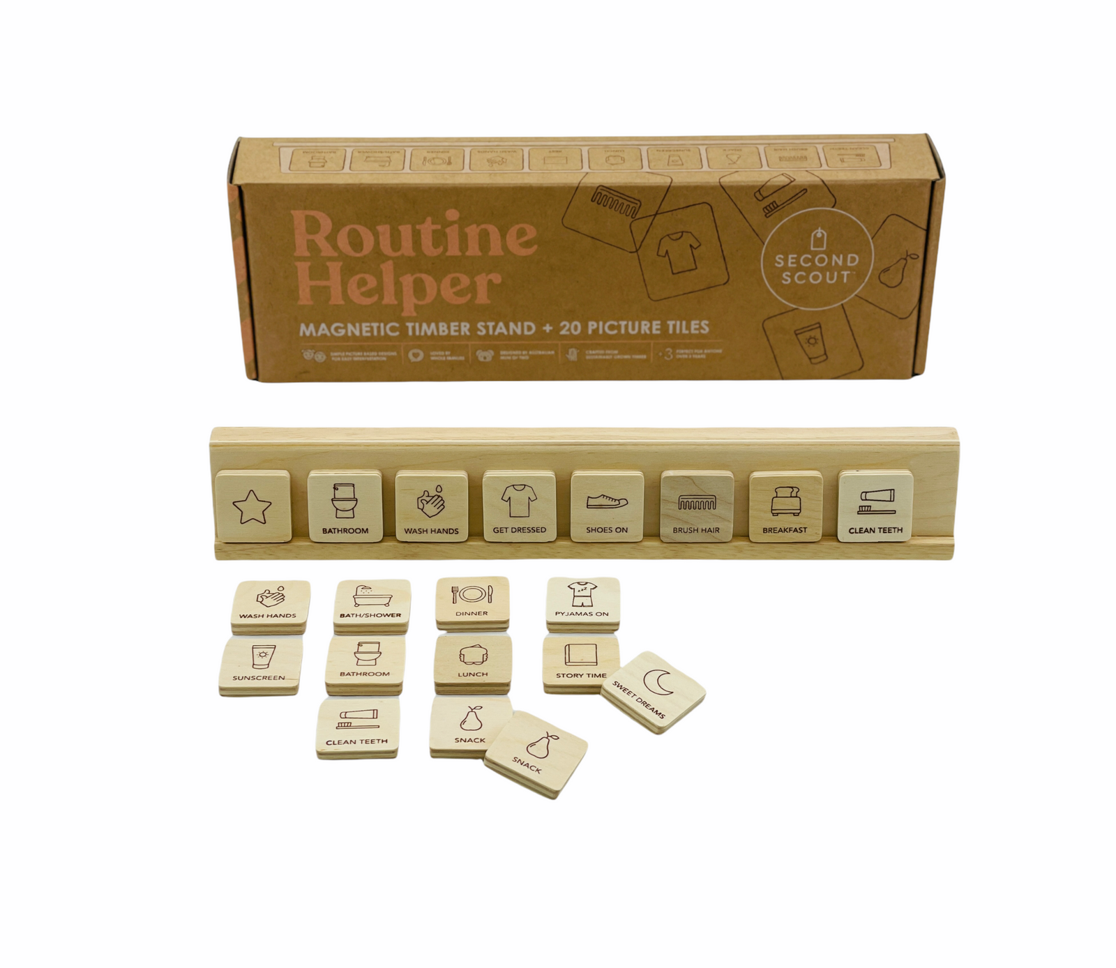 Second Scout Routine helper with wooden picute tiles laid out in front of stand on white background