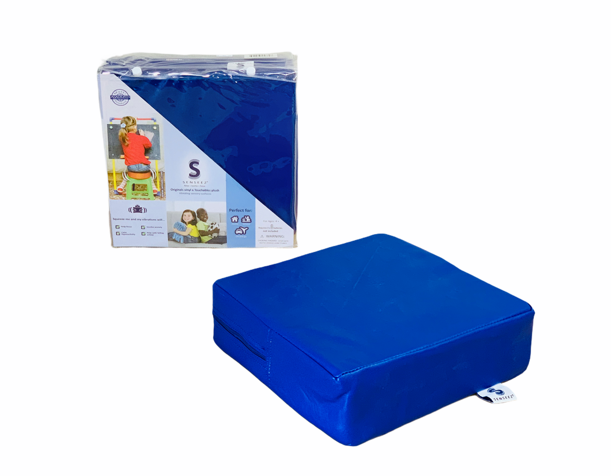 the Senseez Vibrating Cushion - Blue Square on display in front of it's packet