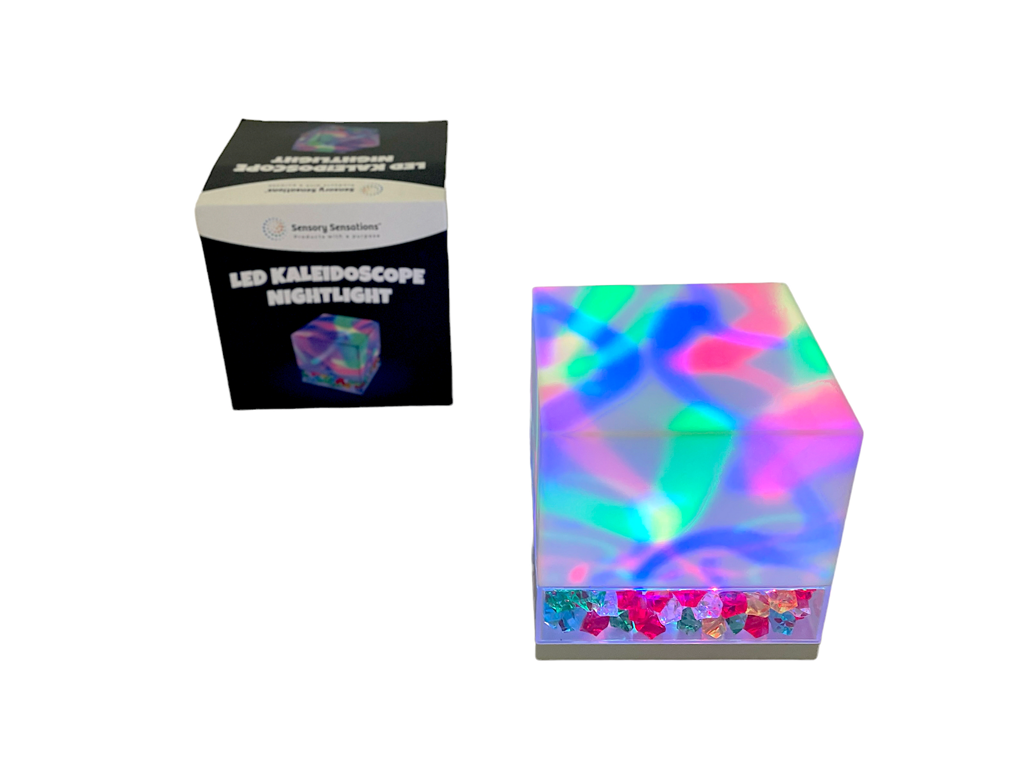 the Sensory Sensations LED Kaleidoscope Nightlight on display in front of it's black box