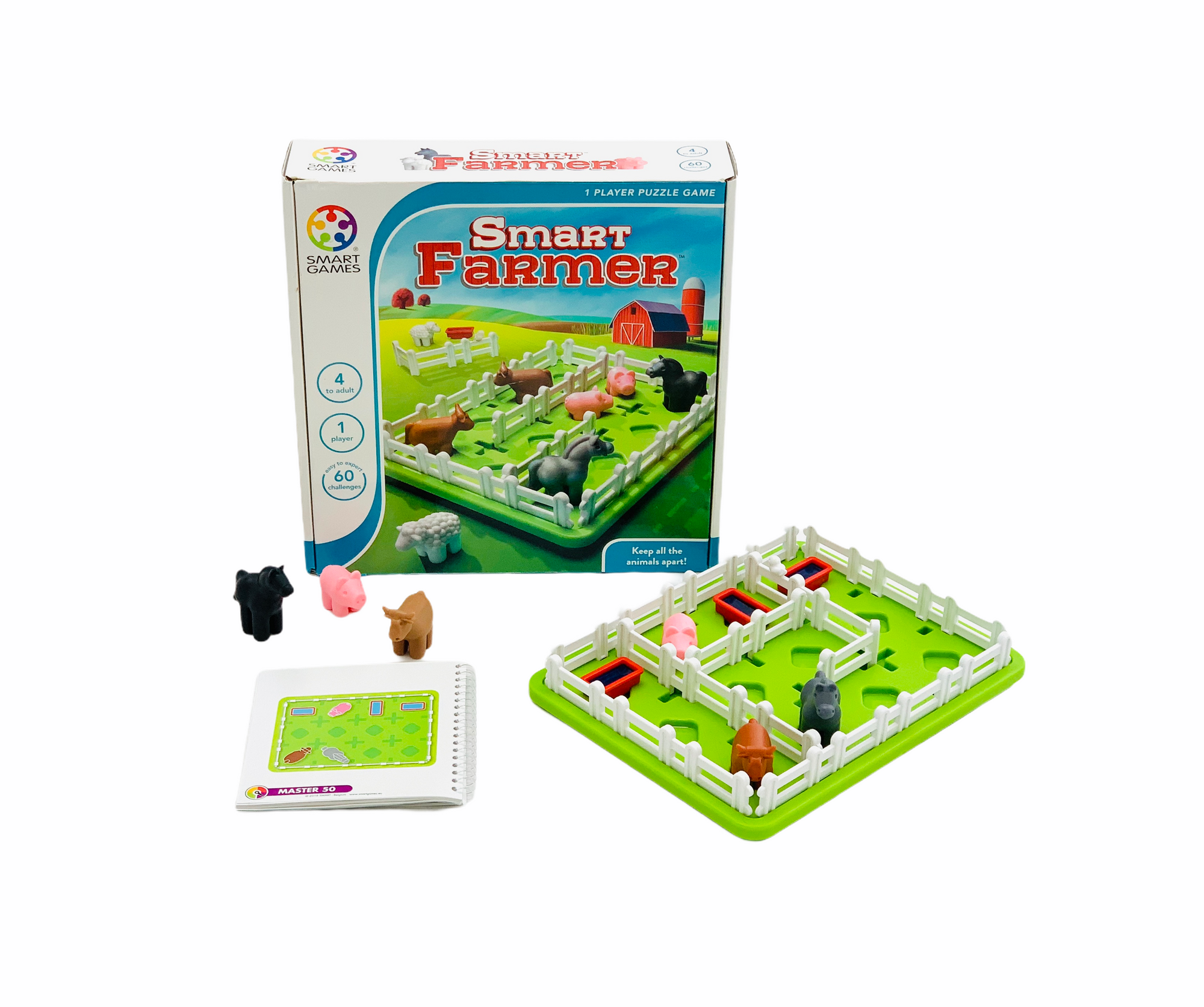 Smart Games Smart Farmer Logic game on display with pieces in front of box