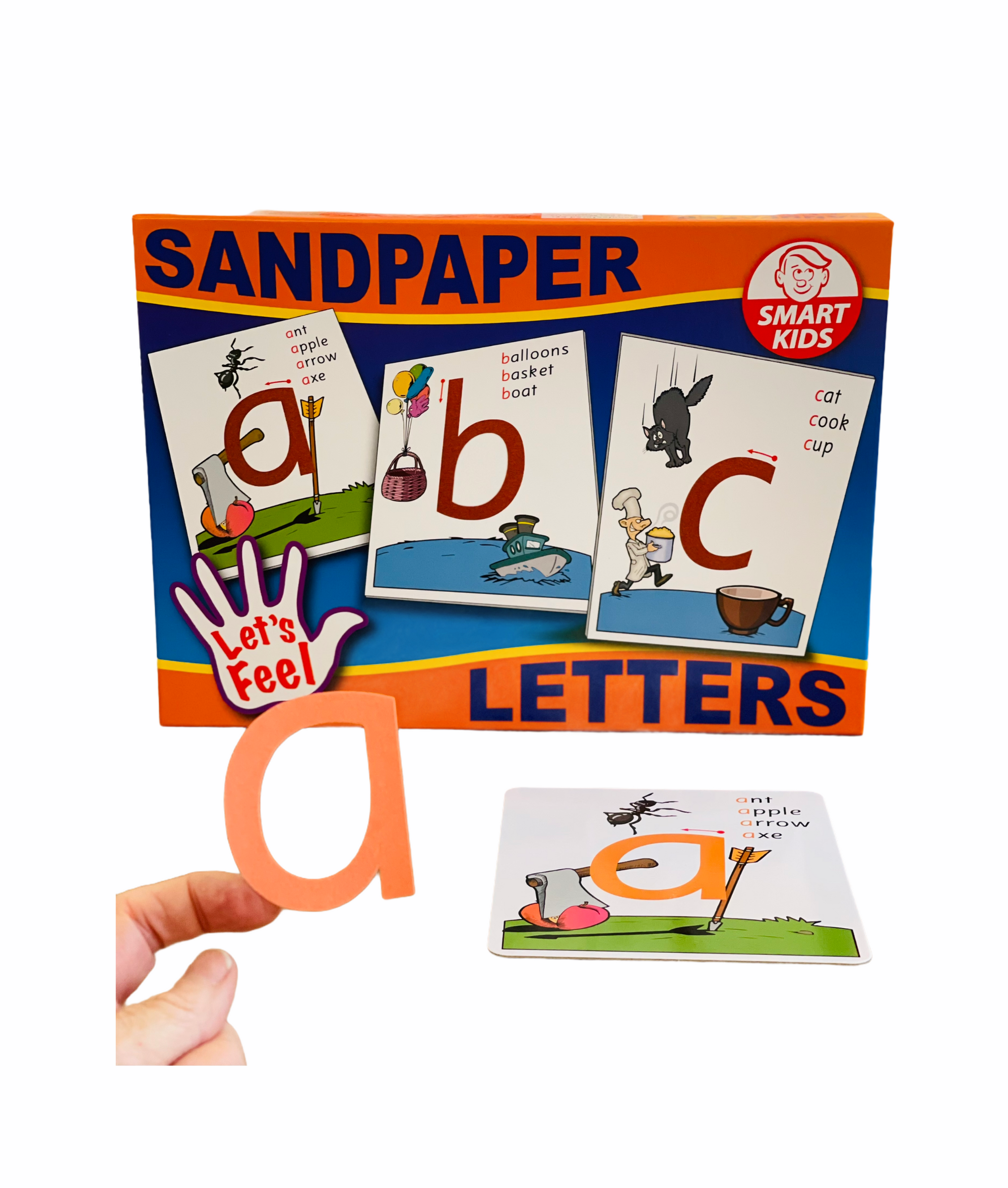 Hand holding a letter a sandpaper letter in front of Smart Kids Let's Feel Sandpaper Letters