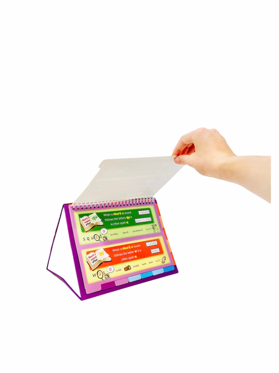 hand flipping a page from the Smart Kids Spelling Rules Directory flip chart