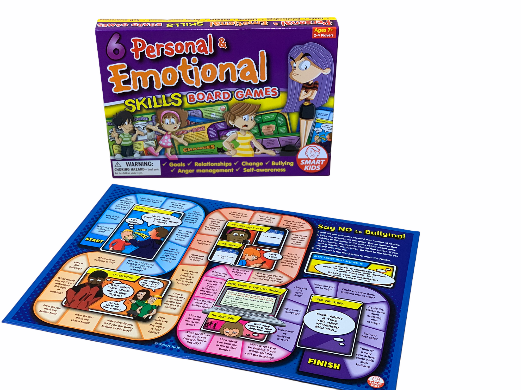 say no to bullying board game displayed in front of Smart Kids Personal &amp; Emotional Skills Games box