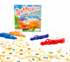 Junior Learning Spelligator Game pieces out on table with the box in background