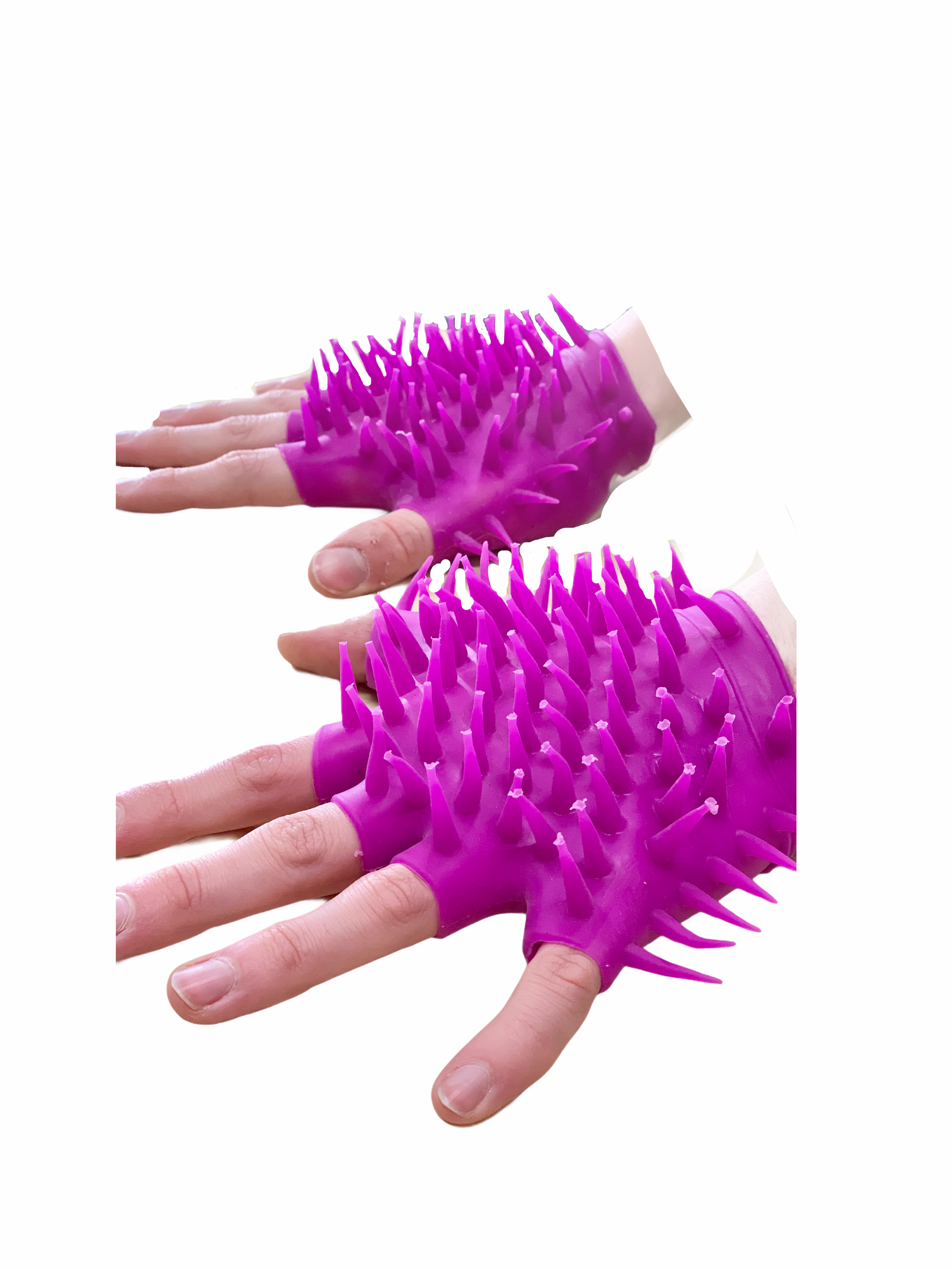 a person wearing the spiky sensory gloves
