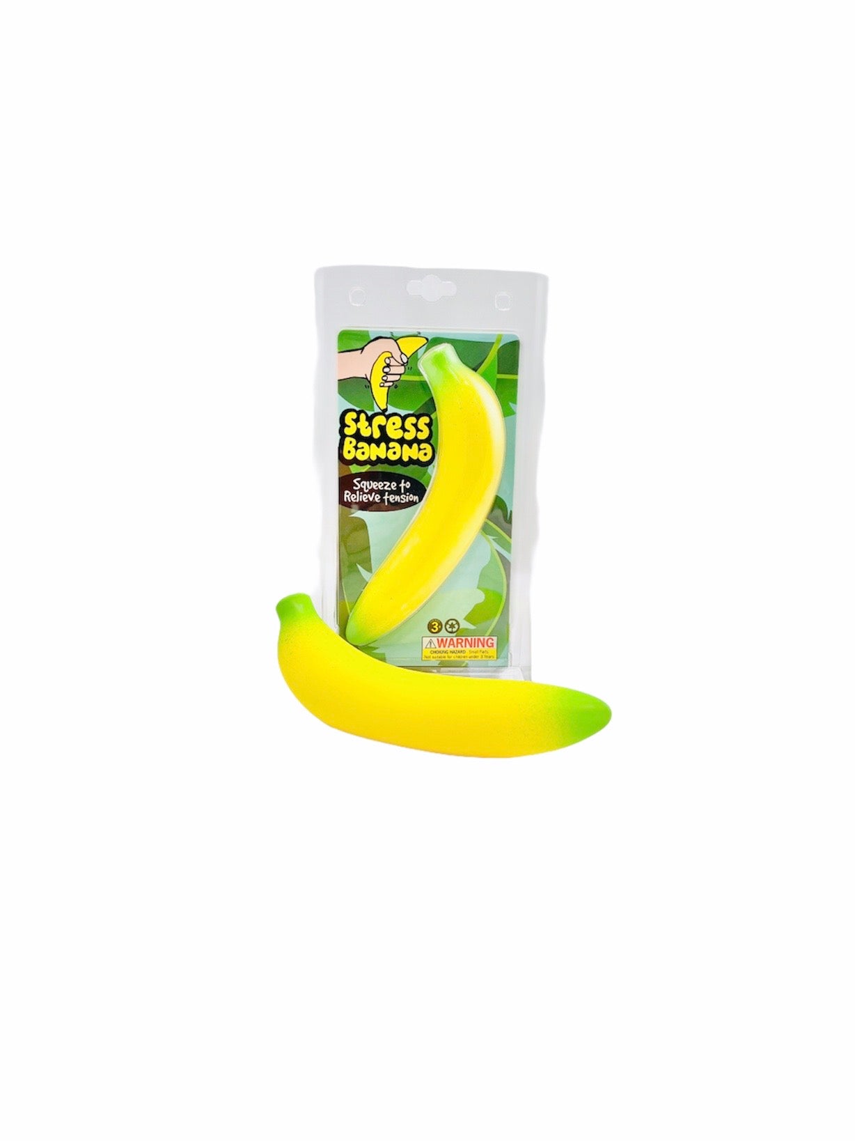 Stress banana Toy in front of plastic case
