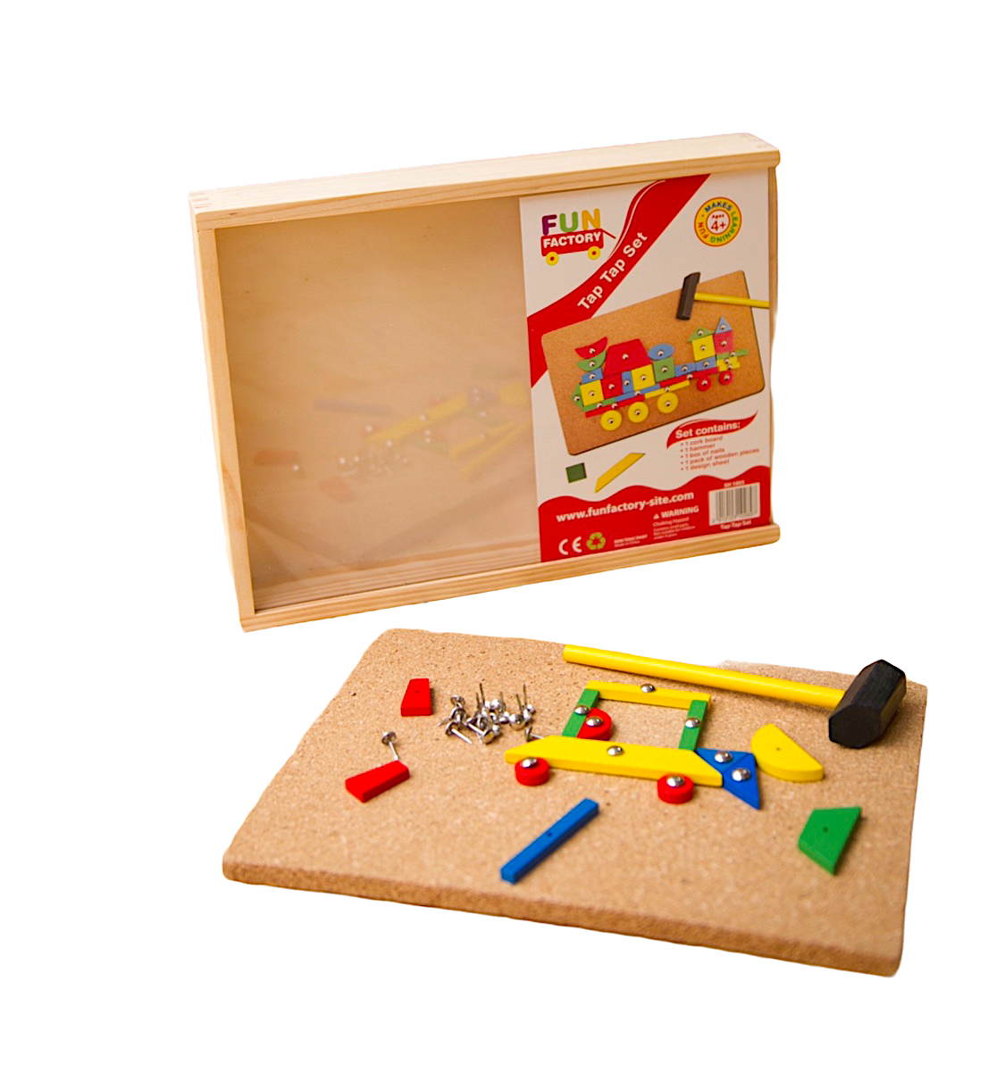 the Fun Factory Tap Tap Set on display with the contents from the set in front of timber box