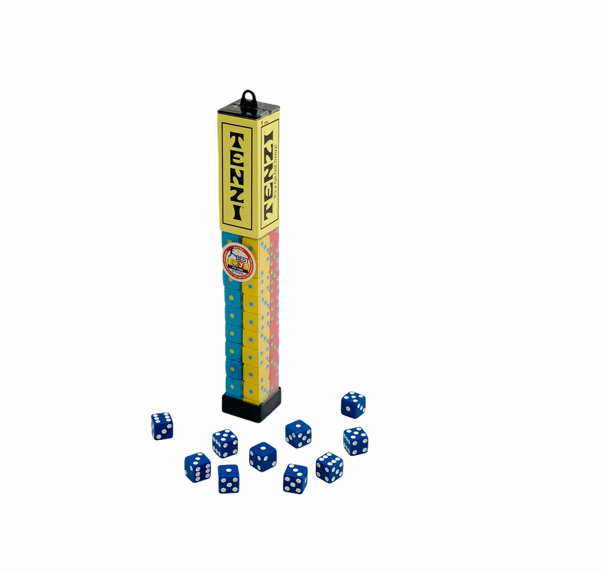 Tenzi game with blue dice in front of pack