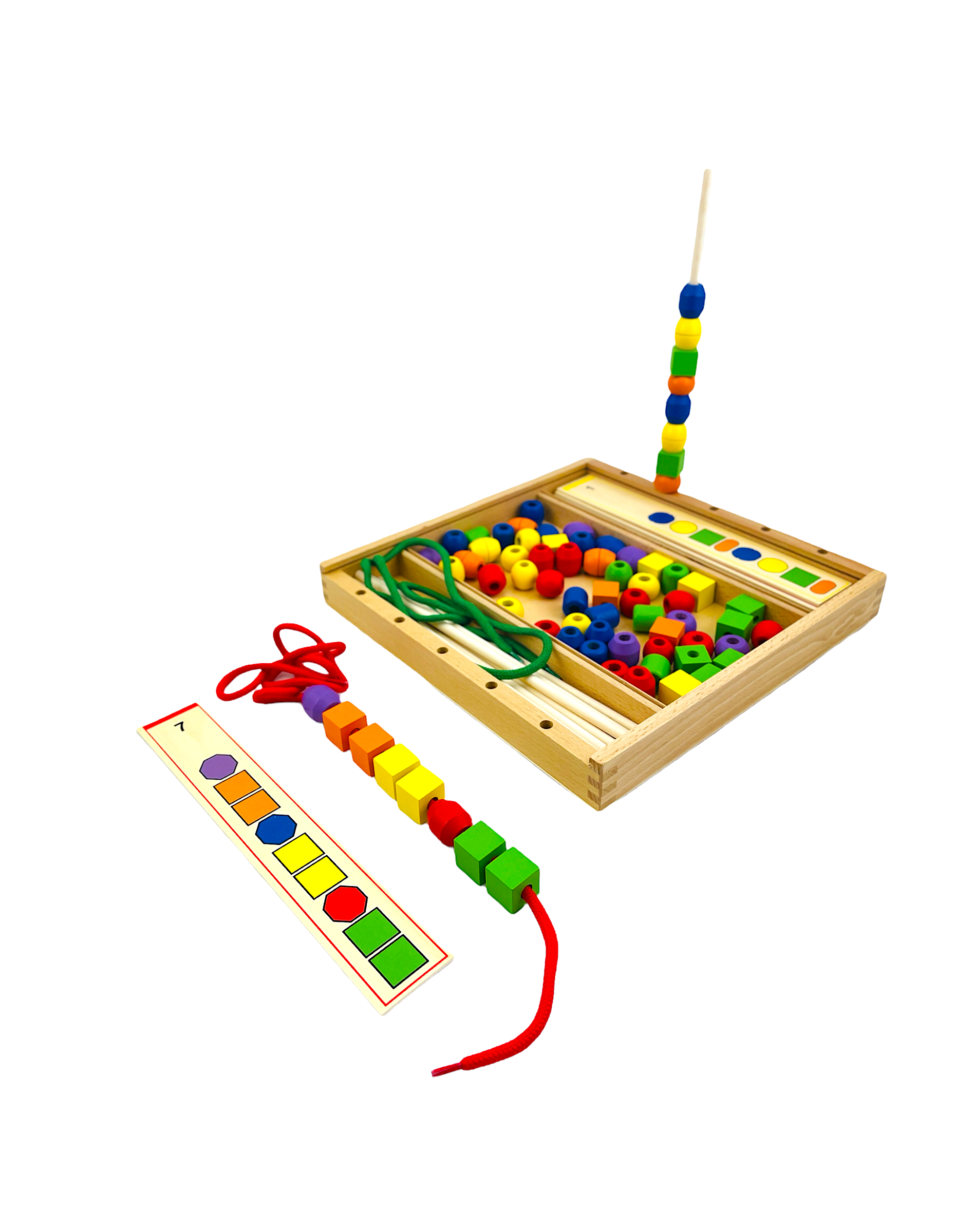 the VIGA Beads Sequence Wooden Set on display with a bead set matching it&#39;s card