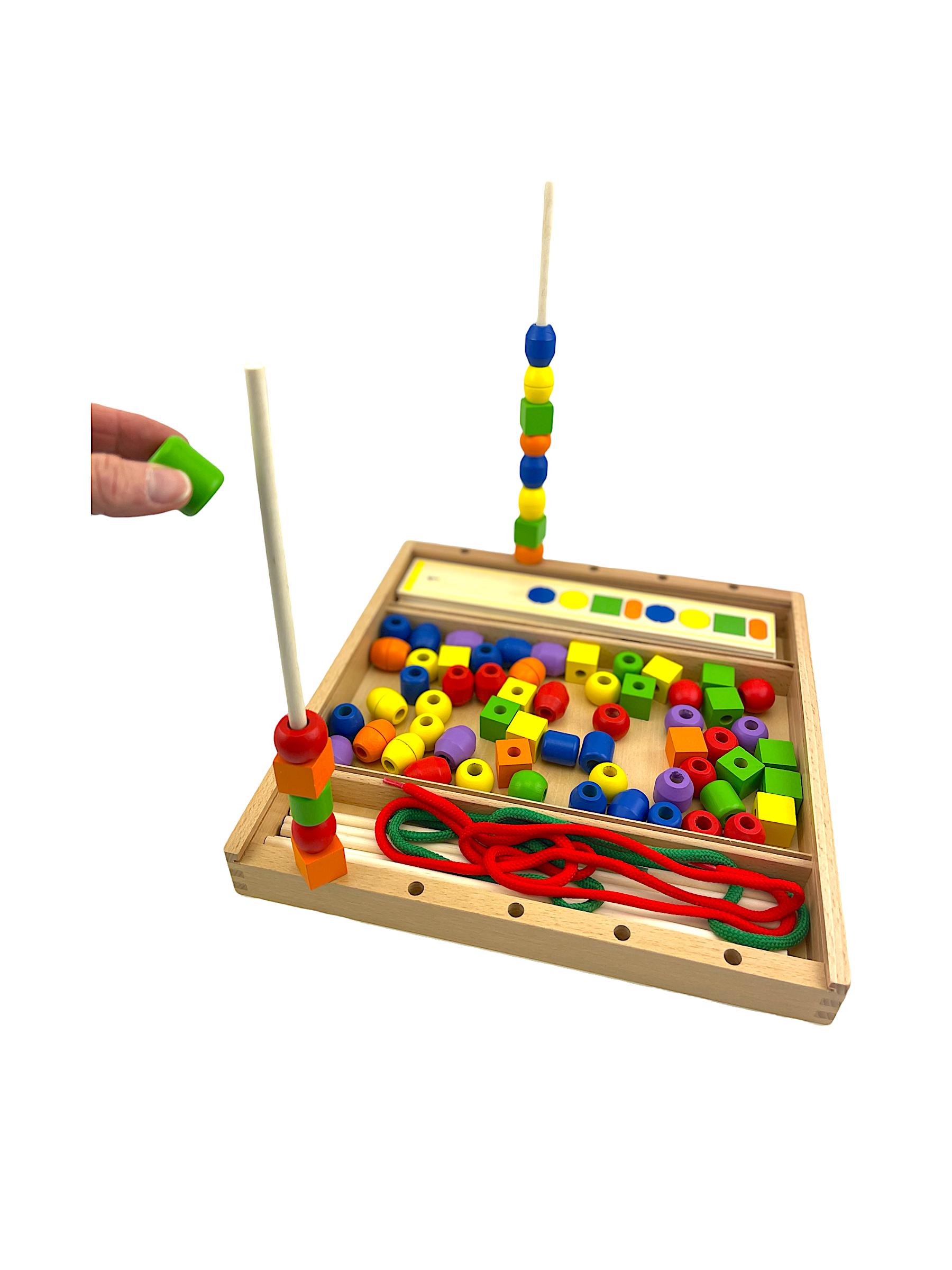 a hand playing with the VIGA Beads Sequence Wooden Set