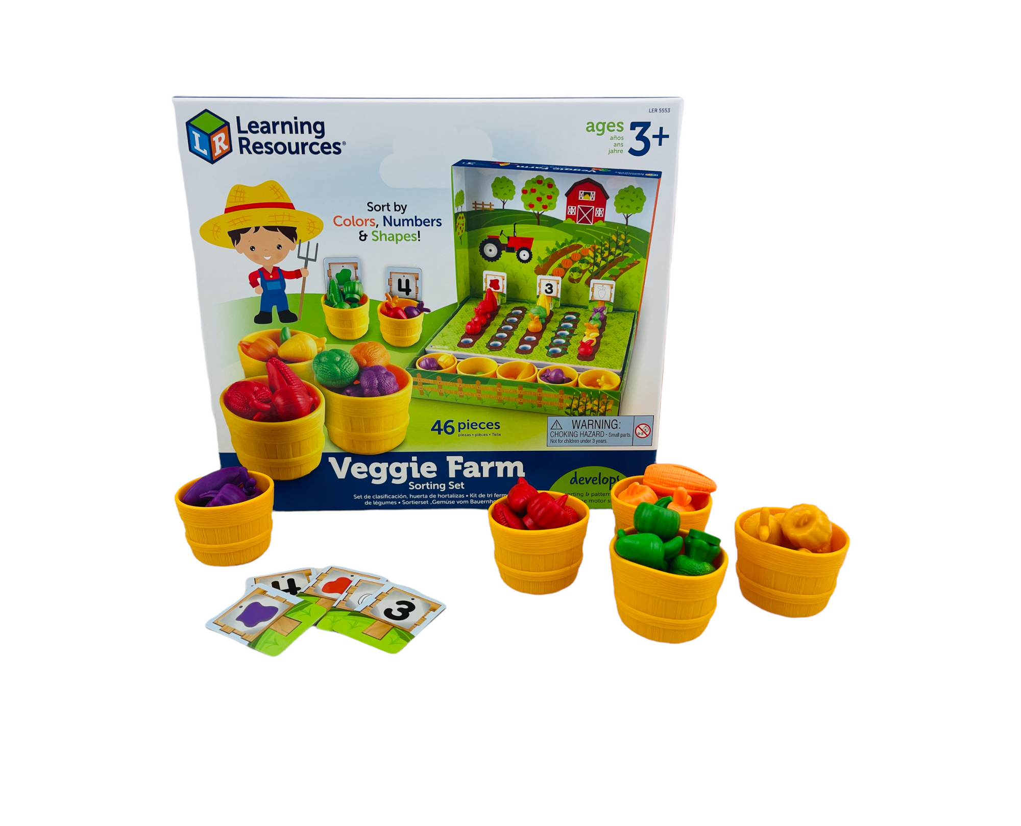 Learning Resources Veggie Farm Sorting Set on display with pieces from the set in front of box