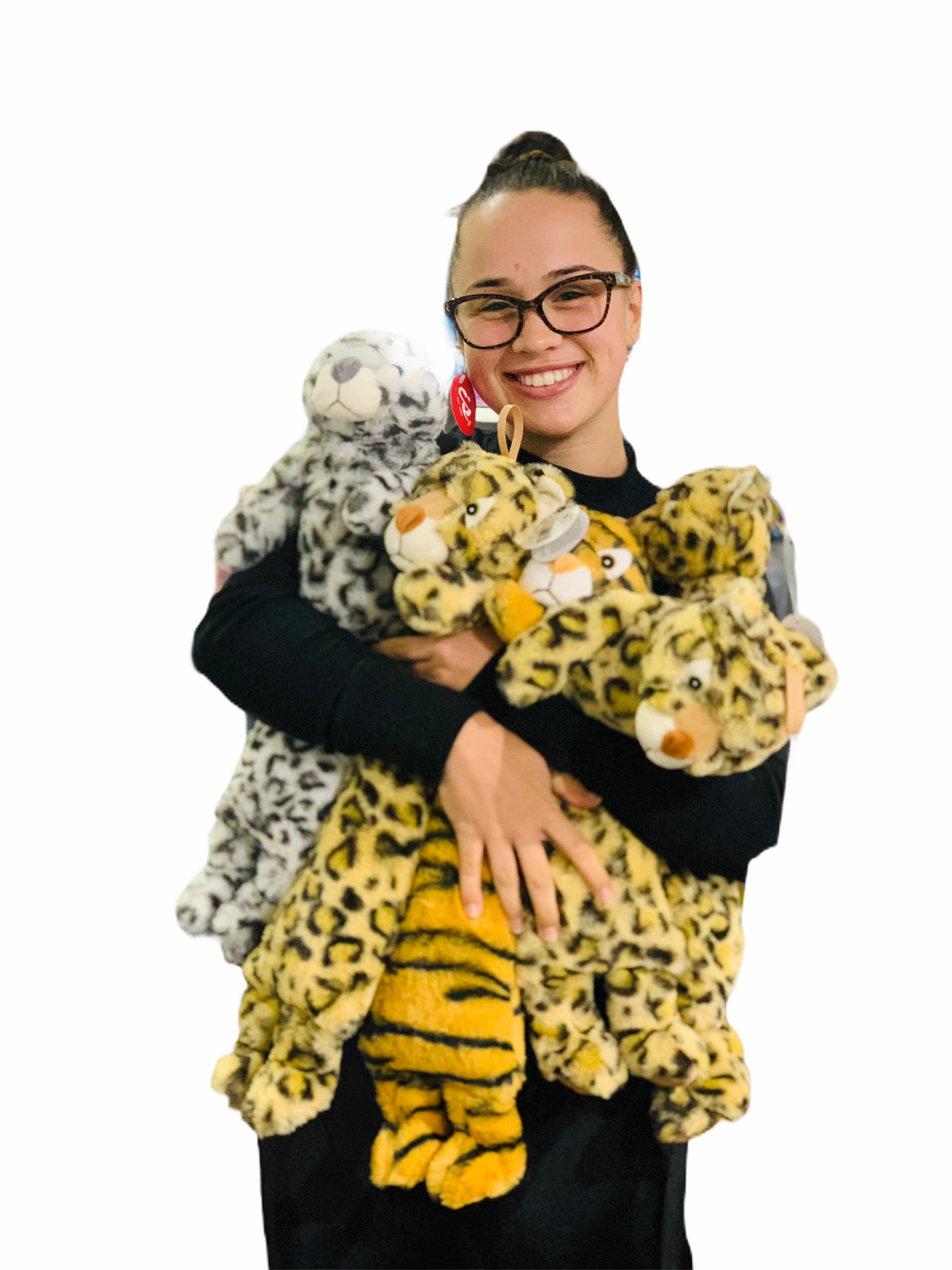 Girl with glasses smiling holding 3 2kg weighted lap cats