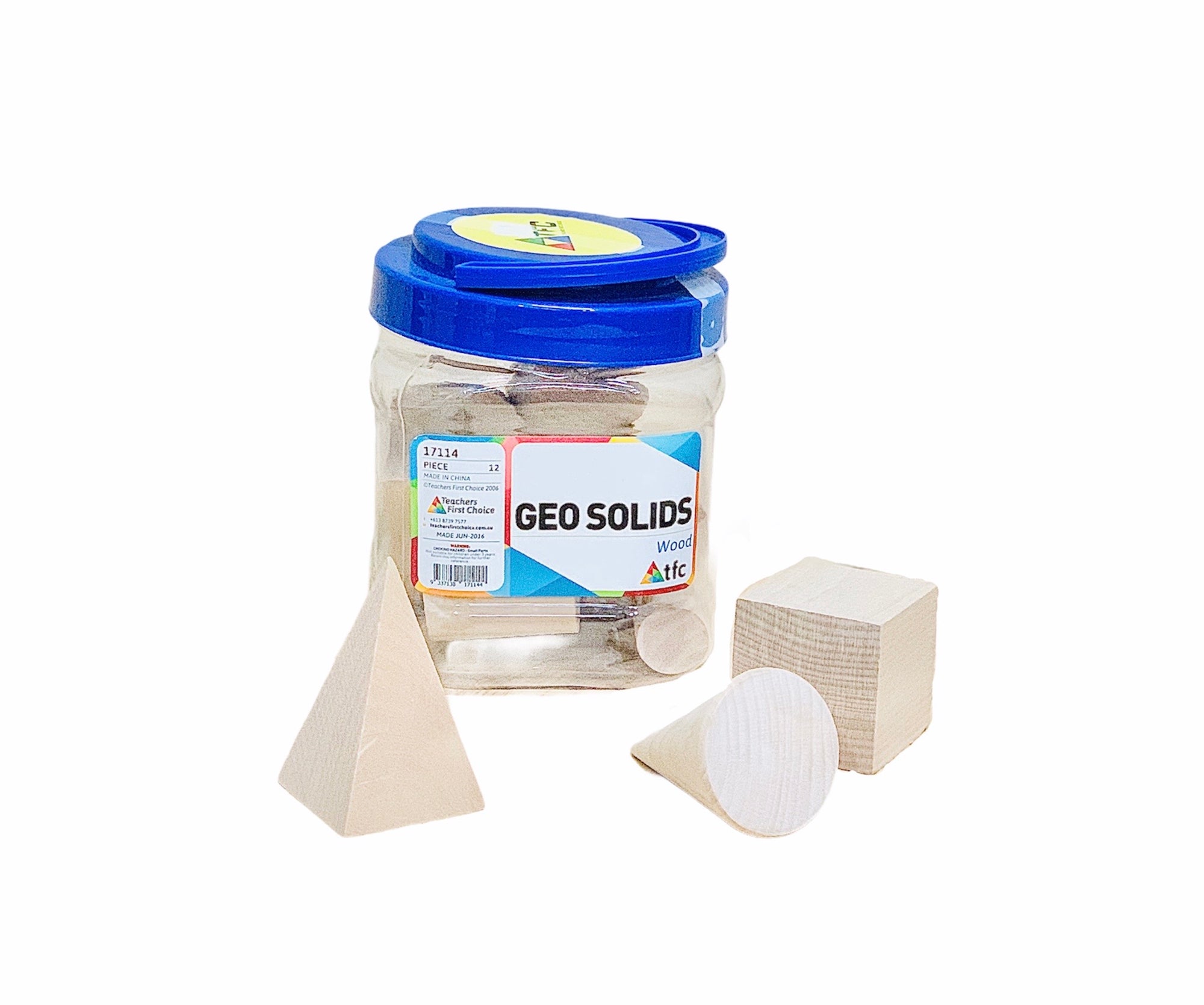 Wooden Geo Solids case with three blocks in front