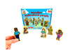 the Fun Factory Wooden Multicultural People - 20pc on display with 5 wooden figurines in front of blue box with a hand holding one