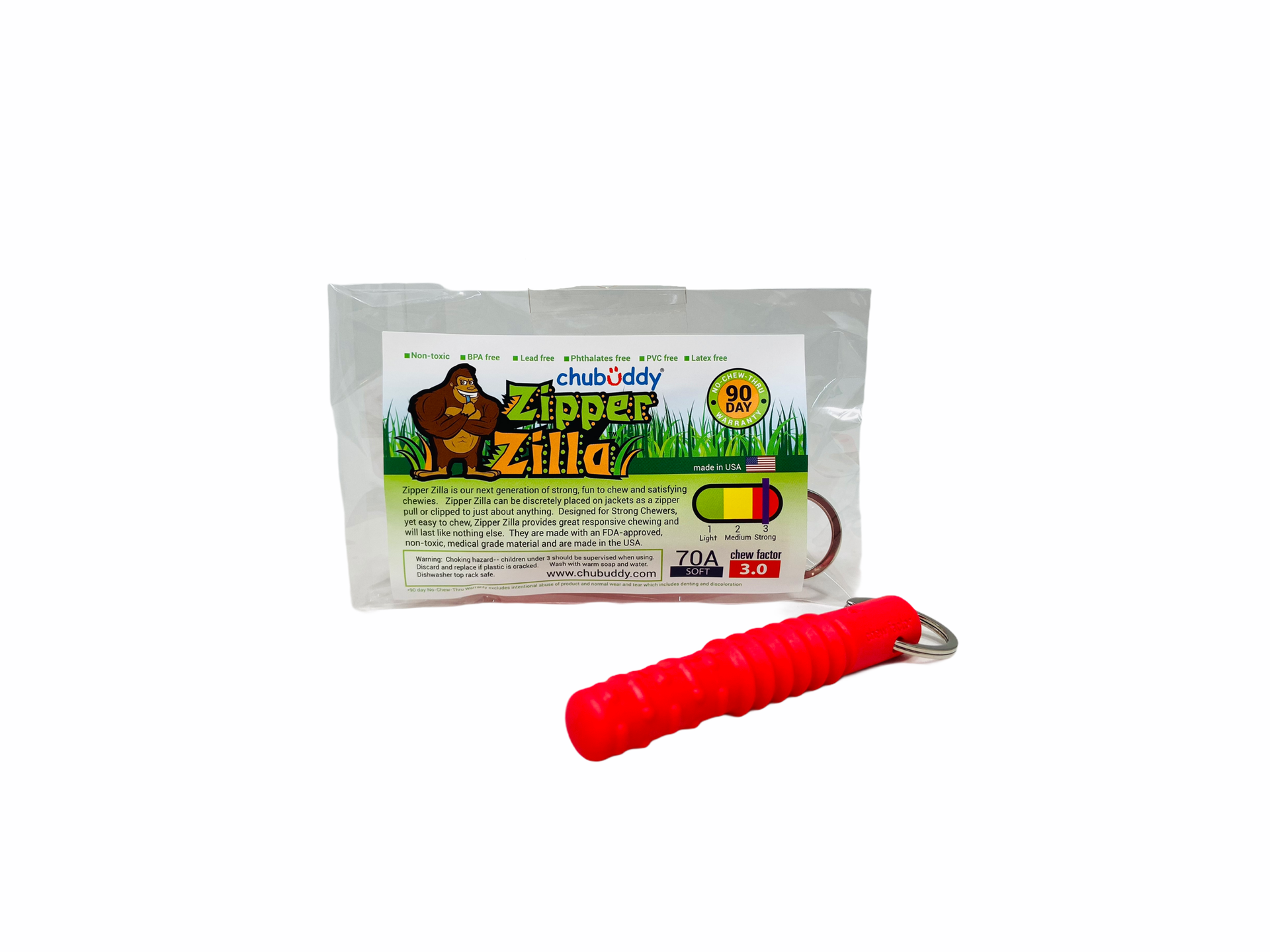 Chubuddy Zipper Zilla - Red with attached keyring in front of packaging on whote background