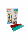 Miniland Eco Beams Construction Set with red and green beam laid out in front of packaging on white background