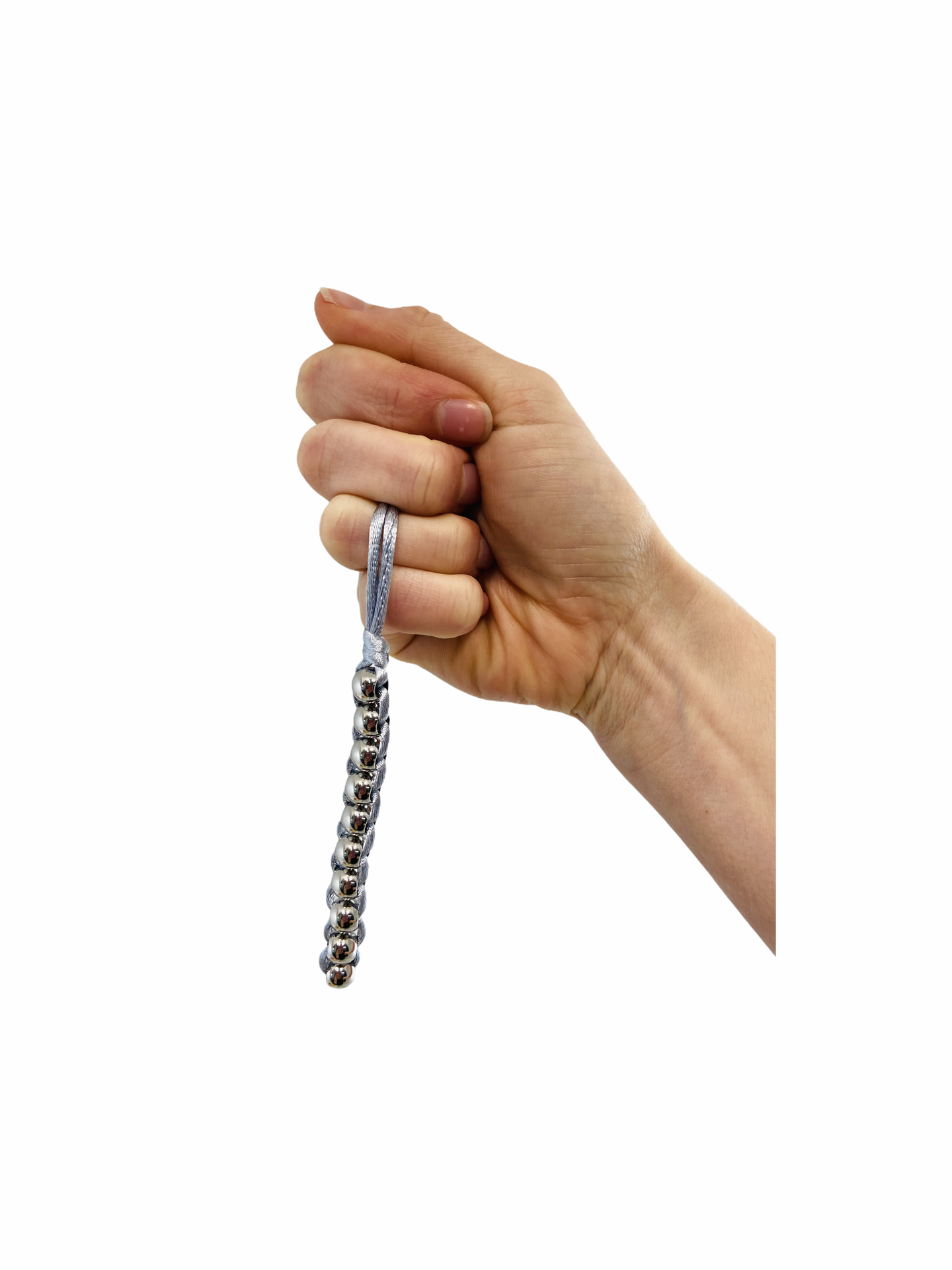 a hand holding the Kaiko Caterpillar Necklace - Silver on white background