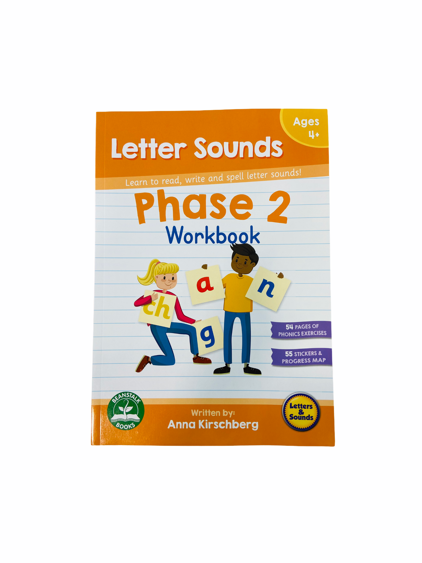Phase 2 Workbook - Letter Sounds front cover with orange boarder showing a girl and a boy holding up letters