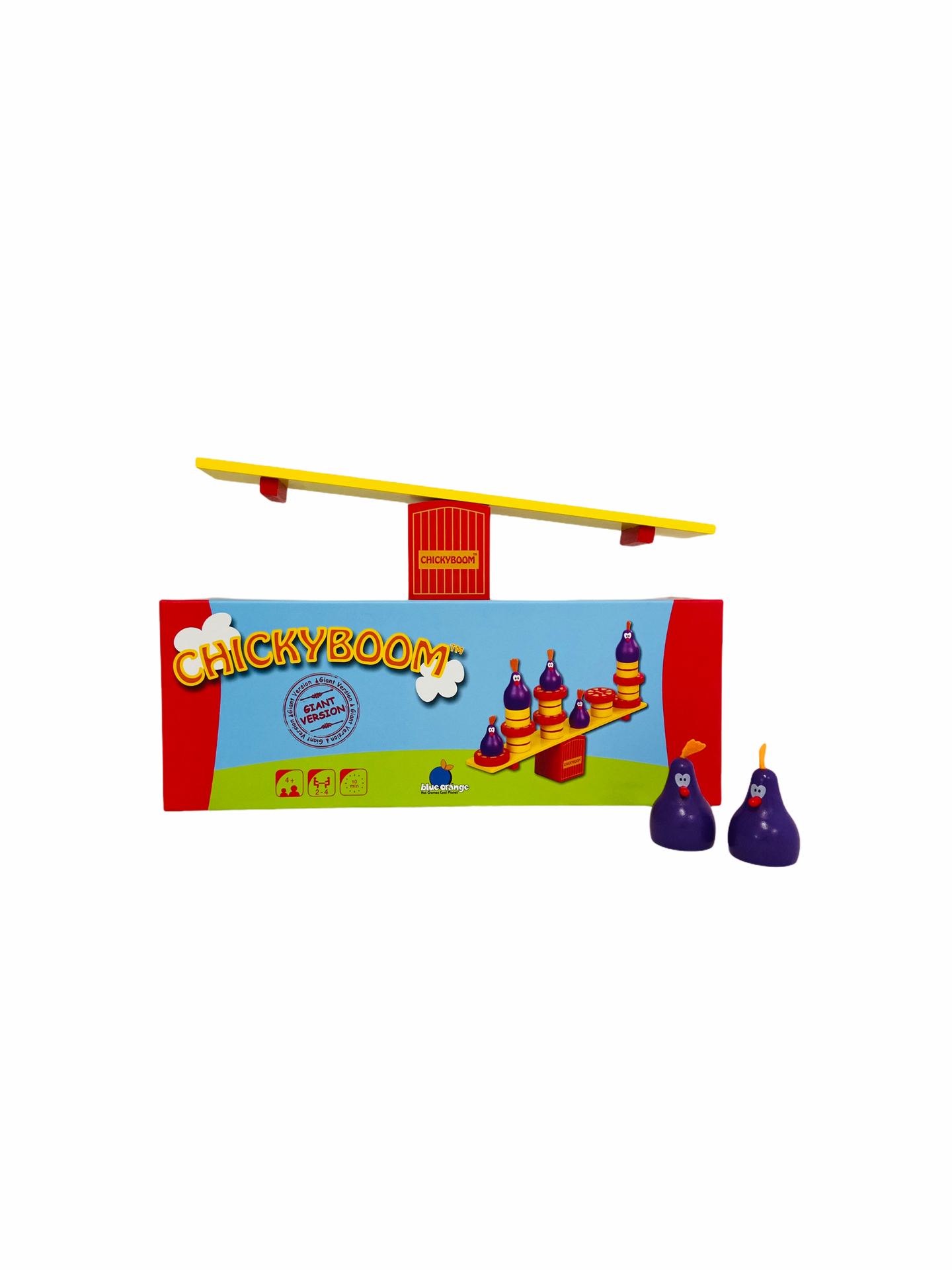 Blue Orange ChickyBoom XL With yellow and red see-saw and blue chicken pieces in front of packaging on white background