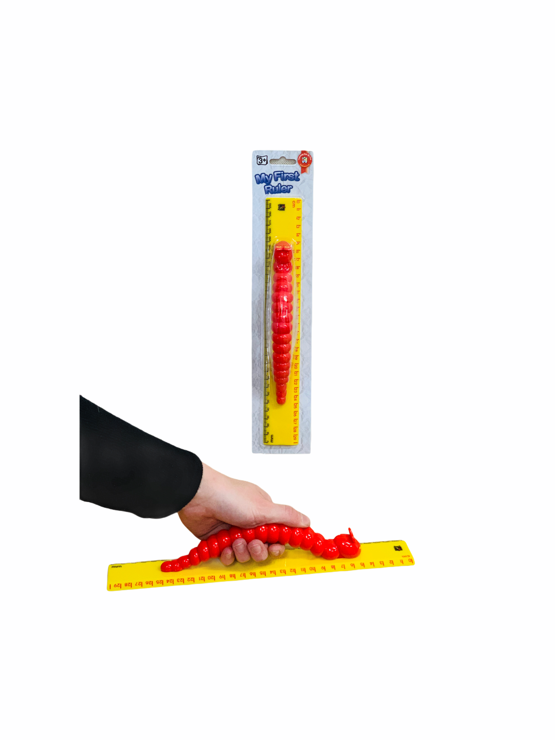 Easy Grip Caterpillar Ruler with hand holding red body of caterpillar on white background