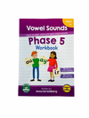 Front cover of Phase 5 Workbook - Vowel Sounds with purple boarders showing a girl and a boy holding up letters.