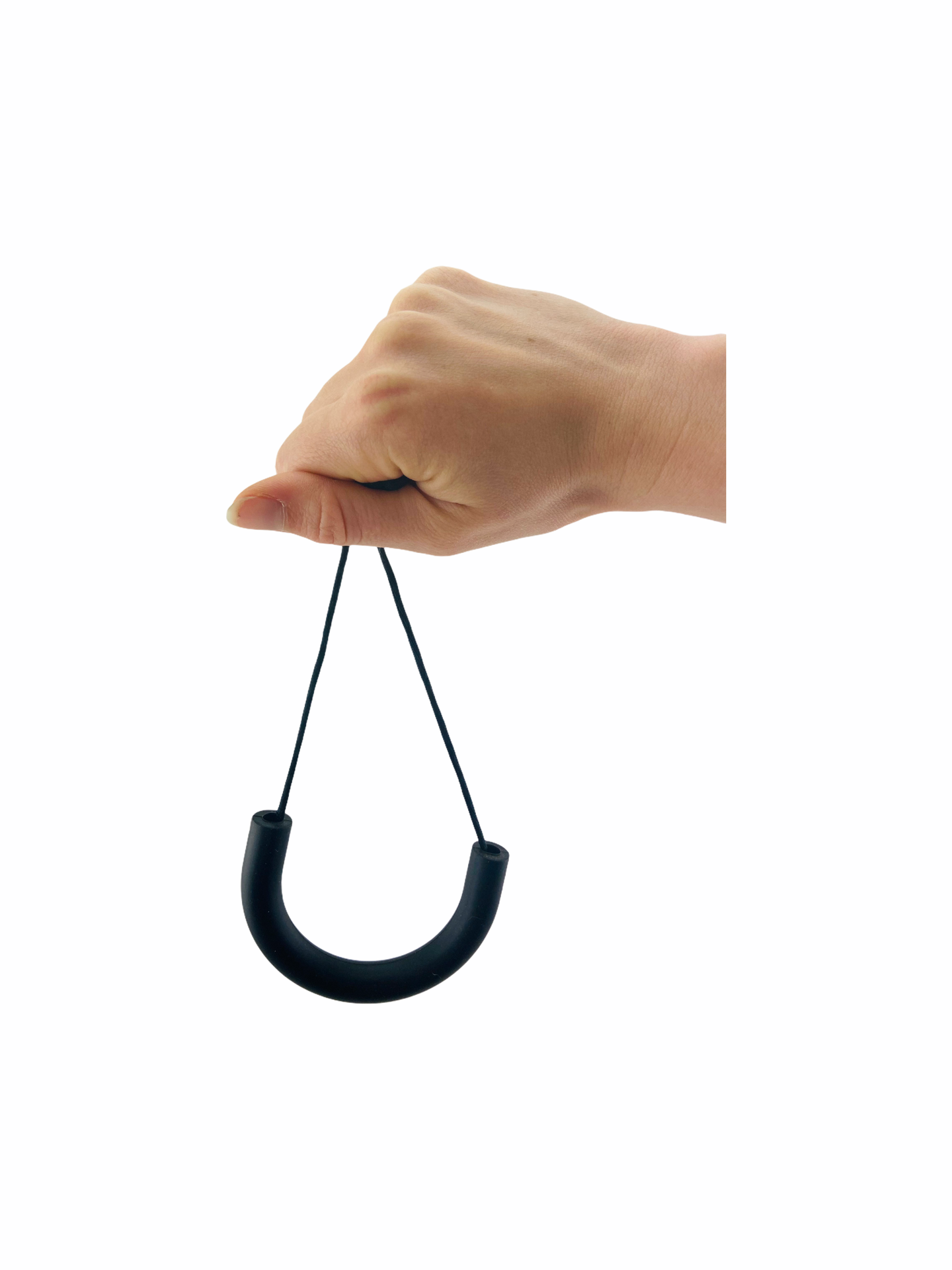 Chewy Charms Necklace Chew - Black/UTube with hand holding the breakaway cord on a white background