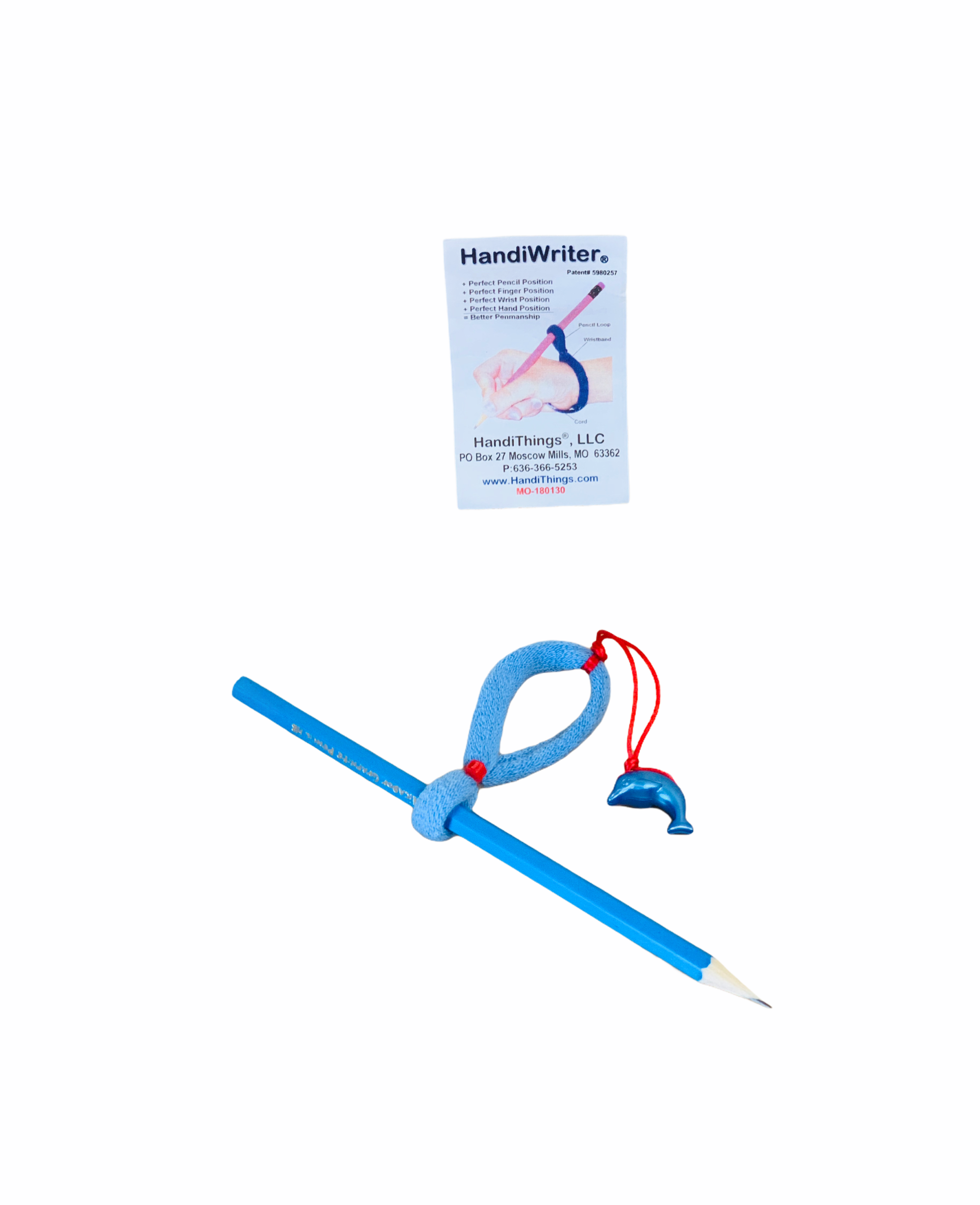 the HandiWriter - Blue in front of box with white background