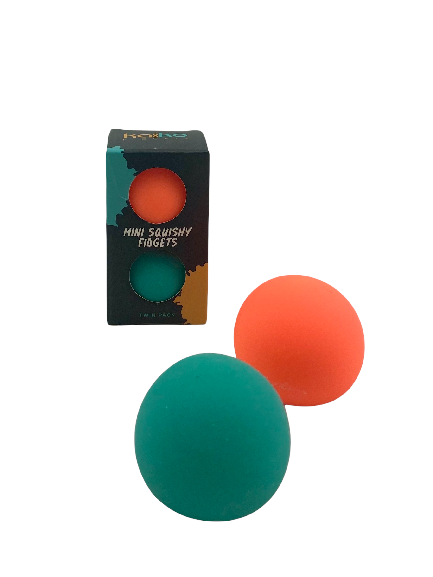 Kaiko Mini Squishy Fidgets - Twin Pack with blue and orange balls in front of packaging on white background